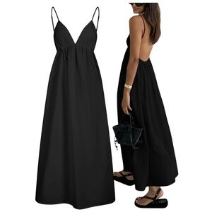 Commense Black Maxi Dress – Open Back, Spaghetti Straps, 100% Cotton – Size M